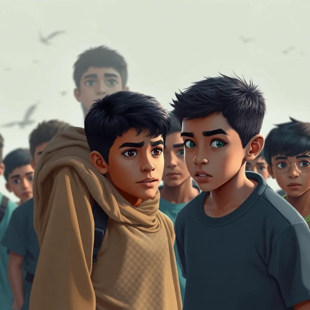 A young Arab boy, Said, with short black hair and warm brown skin, standing protectively next to Salem, confronting Kamal, who looks surprised, with other kids gathered, determined expressions, dramatic scene, digital art