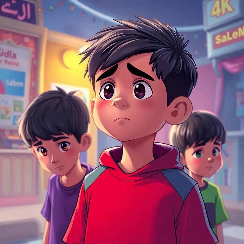 A young Arab boy, Kamal, with short black hair and light skin, looking embarrassed and ashamed while the other kids support Salem, with colorful environment, emotional resolution, digital illustration
