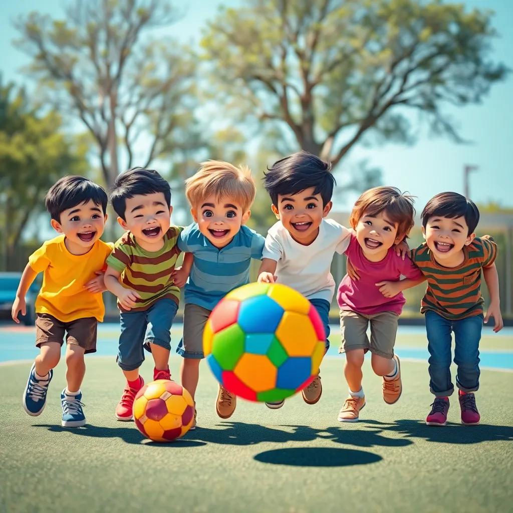 A group of cheerful children, including Salem and Said, playing together on the playground, kicking a colorful ball with smiles and laughter, bright setting, joyful atmosphere, engaging