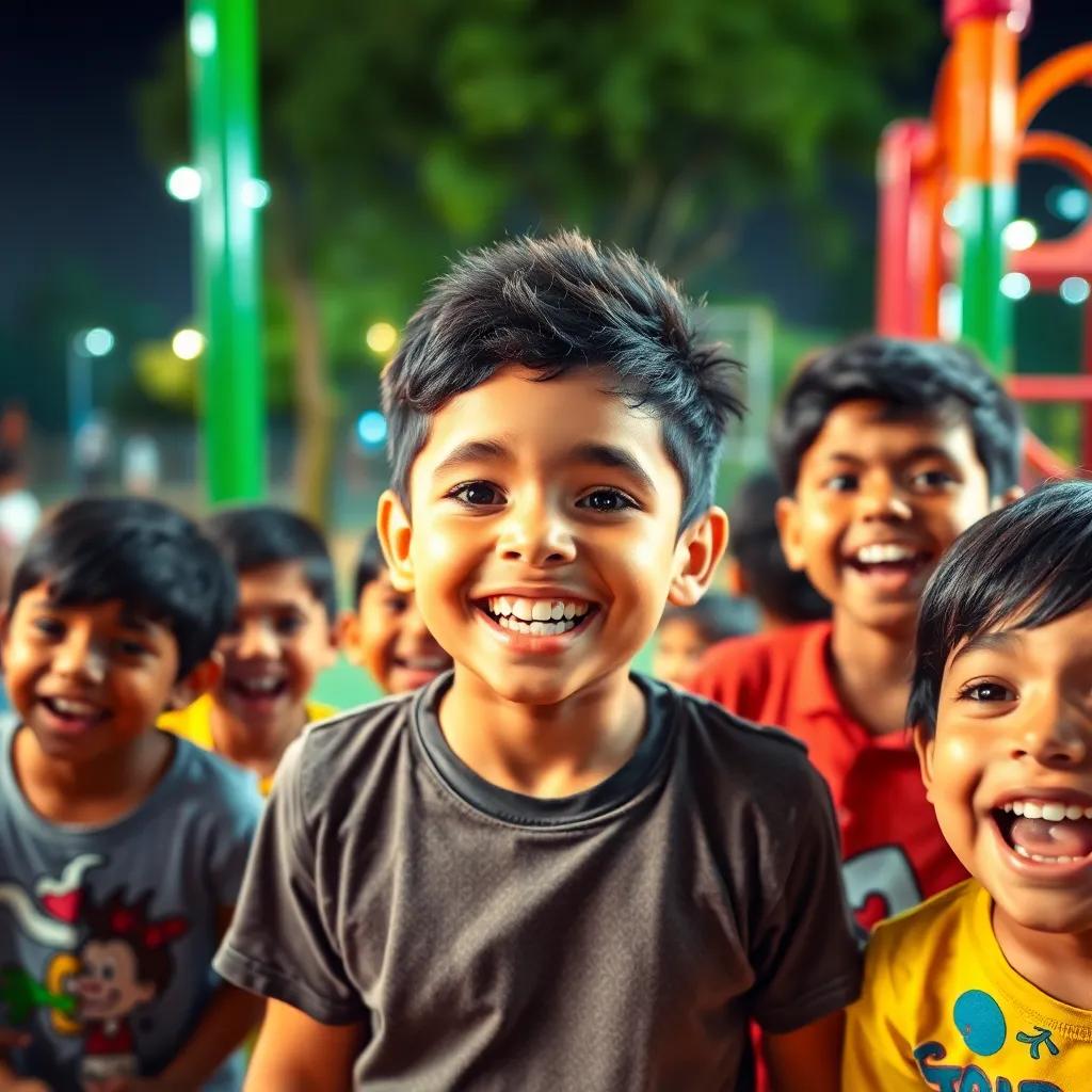 A young Arab boy, Salem, celebrating with friends on the playground, smiling broadly, surrounded by laughing children, vibrant playground, lively scene, happy expression, digital artwork