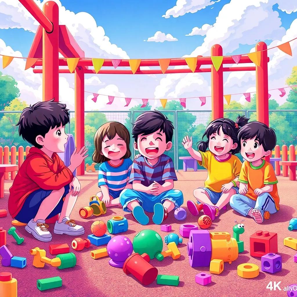 A joyful playground scene with children having fun, colorful toys scattered around, showcasing friendships, vibrant colors, uplifting atmosphere, digital illustration