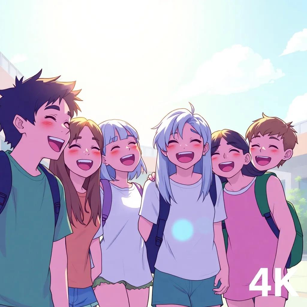 A group of young friends, including Salem, laughing and enjoying their time together at school, bright sunshine shining down, cheerful expressions, vibrant school background, digital art