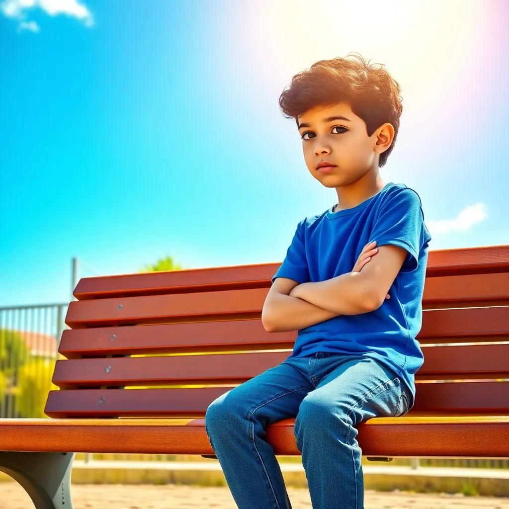 A young Arab boy, Salem, with short, curly hair, wearing a blue t-shirt and jeans, sitting alone on a playground bench with a sad expression, under a sunny sky, digital art, colorful, bright atmosphere, child-friendly