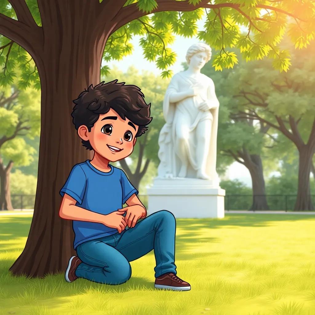 A young Arab boy, Salem, with short, curly hair, wearing a blue t-shirt and jeans, talking to another boy, Said, with a friendly face, under a big tree in a playground, sitting on the grass, illustration, cheerful, colorful, engaging