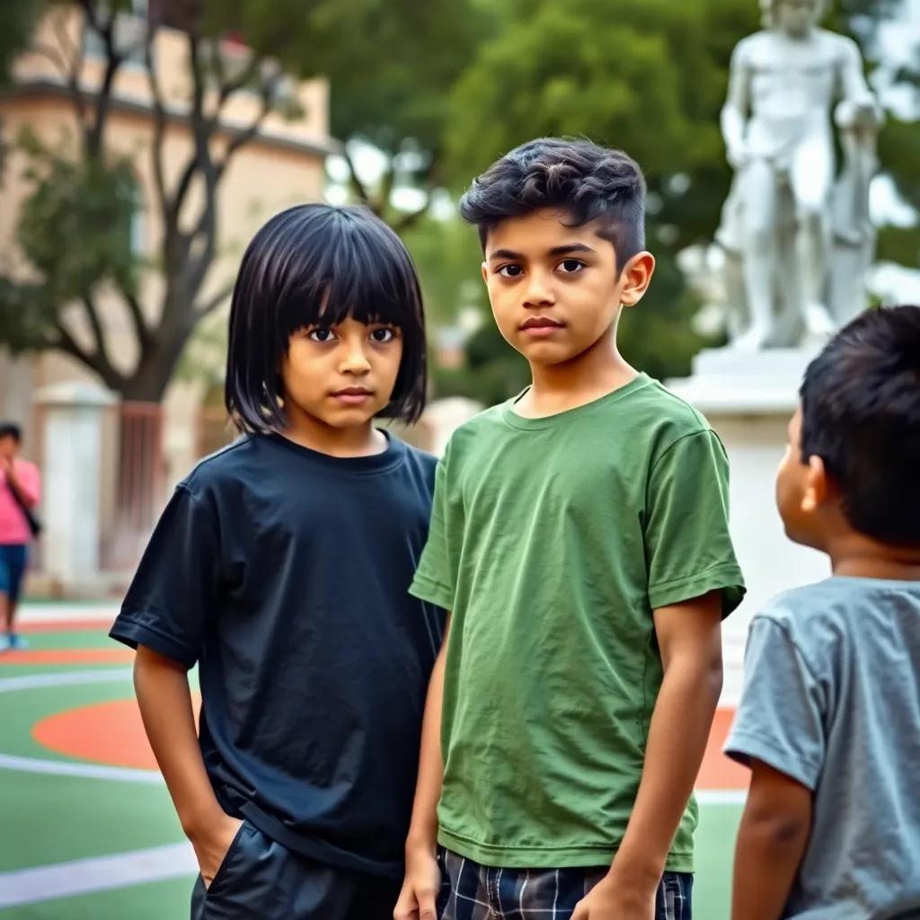 A young Arab boy, Said, with straight black hair, wearing a green t-shirt and shorts, standing protectively next to Salem, looking serious, facing another boy, Kamal, who has a mischievous expression, playground setting, vibrant colors, supportive atmosphere