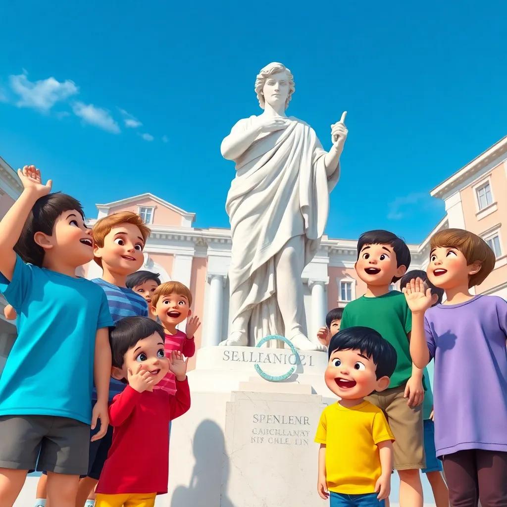 A group of children watching the scene with curious faces, standing around Salem, cheering and smiling, with blue sky and school building in the background, joyful scene, illustration, engaging, colorful