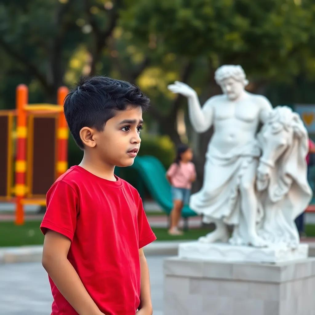 A young Arab boy, Kamal, with short black hair, wearing a red t-shirt and shorts, looking embarrassed while apologizing to Salem, who smiles back, playground background, friendly atmosphere, bright colors, inclusive environment