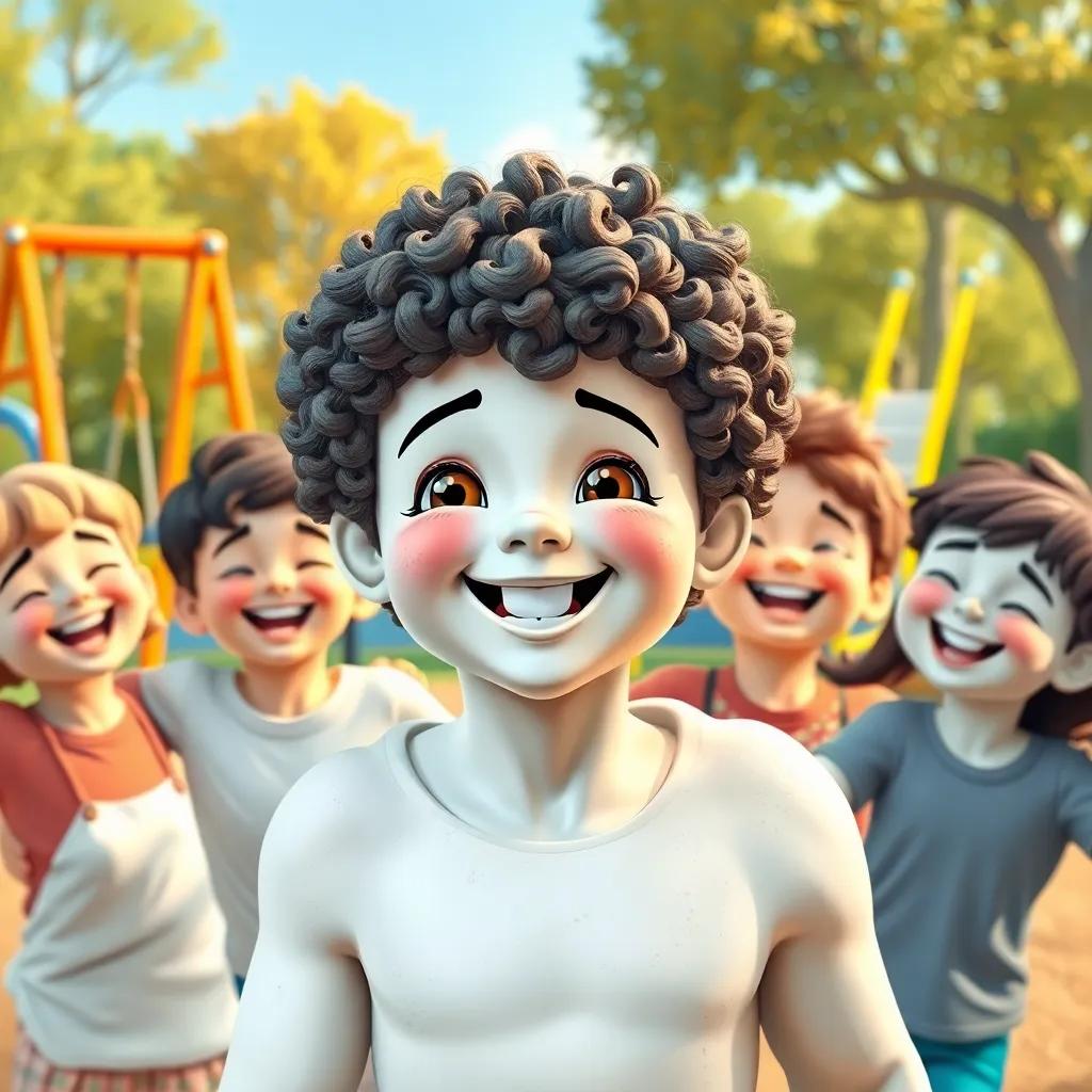 A happy Salem, with short, curly hair, surrounded by his friends playing together, colorful swings and slides in the background, everyone smiling and laughing, joyful illustration, uplifting, warm colors