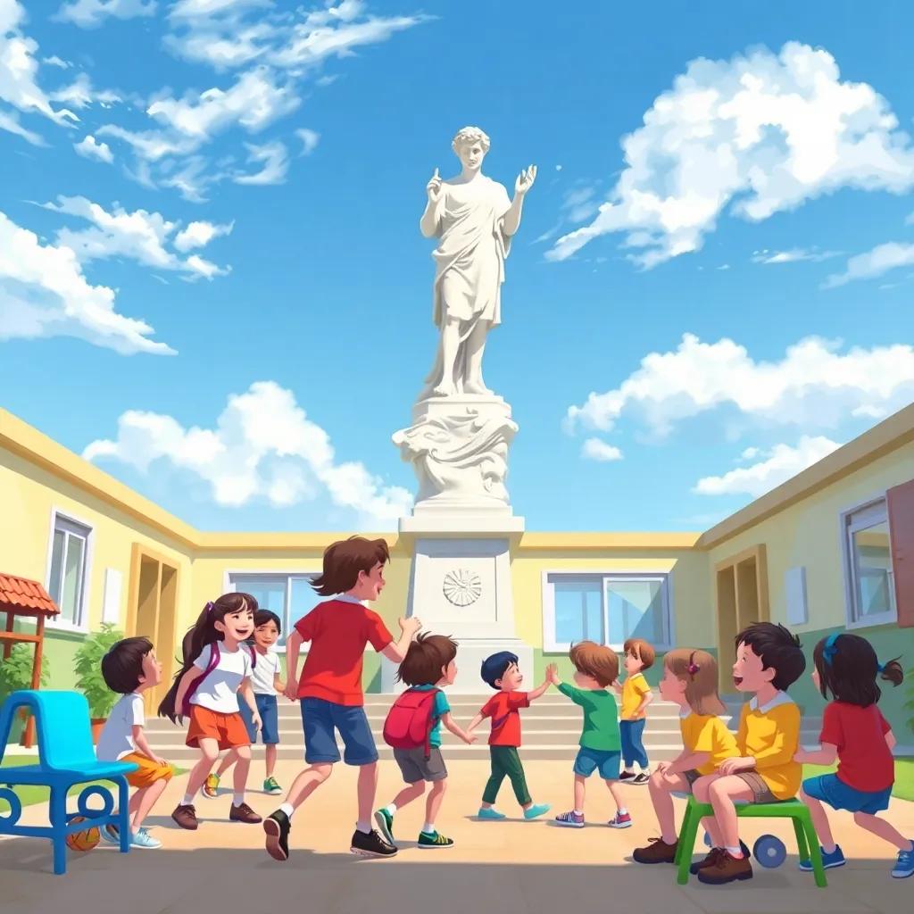 A scene showing the school with children playing in a friendly manner, bright blue sky, colorful playground equipment, atmosphere of friendship and fun, illustration, vibrant