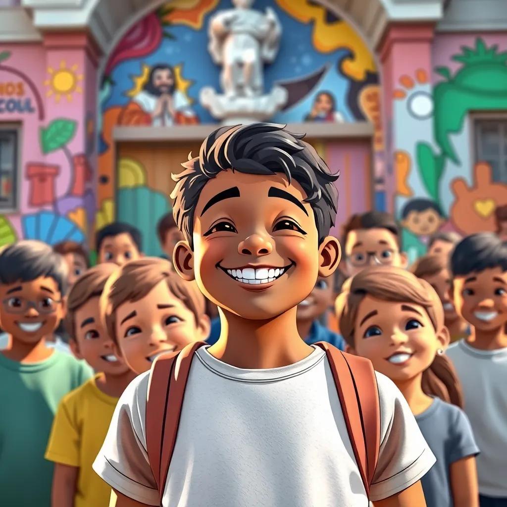 Salem smiling with his friends in front of the school, colorful mural on the wall, everyone looking happy and united, child-friendly illustration, warm light, uplifting