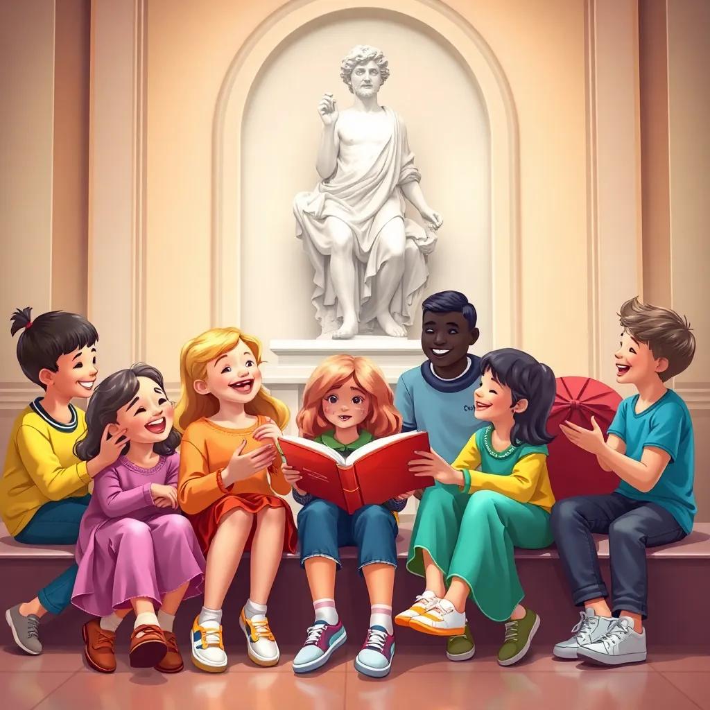 A group of diverse children sitting together, sharing stories and laughing, bright colors, cozy atmosphere, promoting friendship and kindness, joyful illustration, heartwarming, inclusive