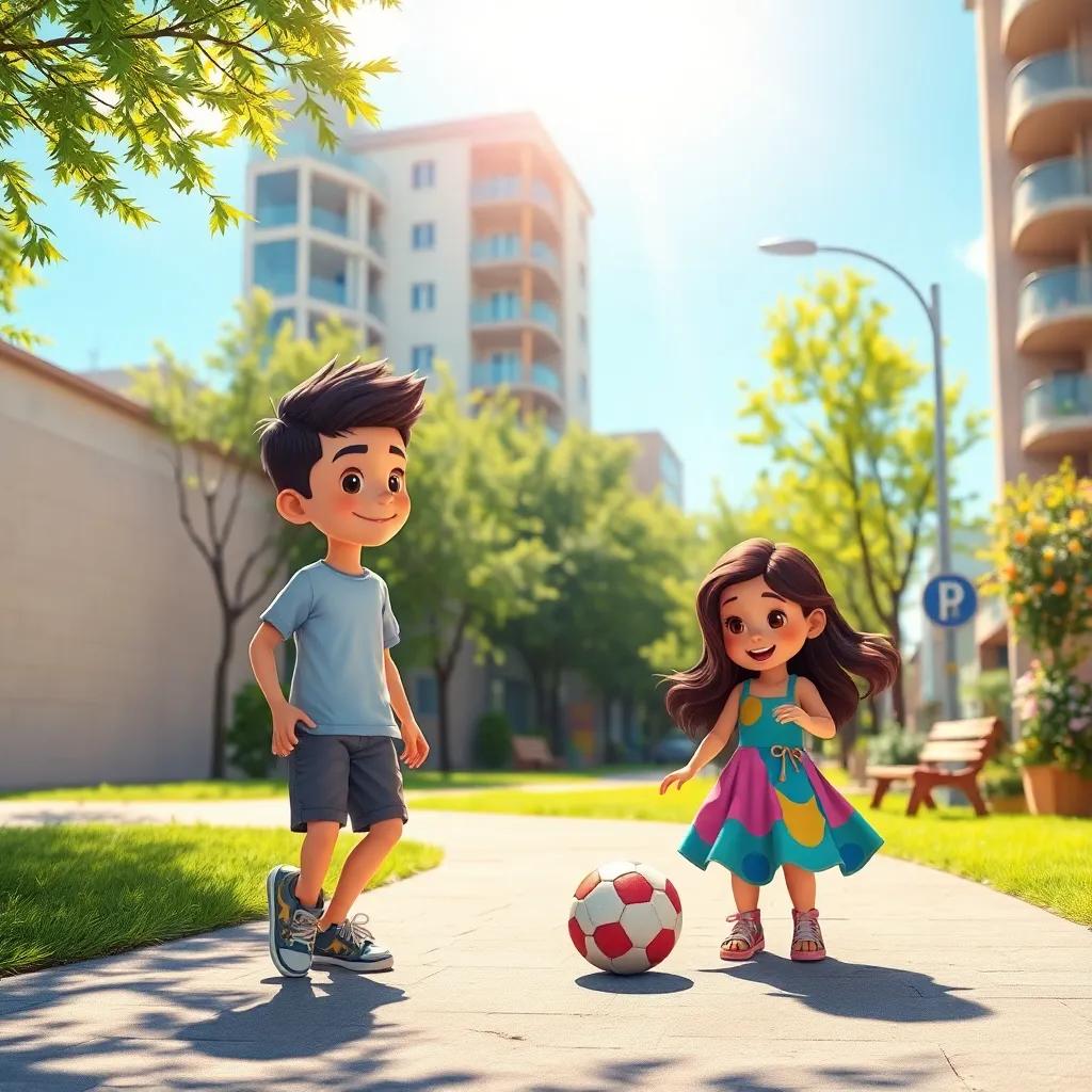 A small city park with children playing, two friends, a young Arab boy, سالم, with short black hair, wearing a t-shirt and shorts, and a young Arab girl, ليلى, with long dark hair, wearing a colorful dress, playing with a ball near a street, bright sunny day, cheerful atmosphere, digital art, vibrant colors, high quality