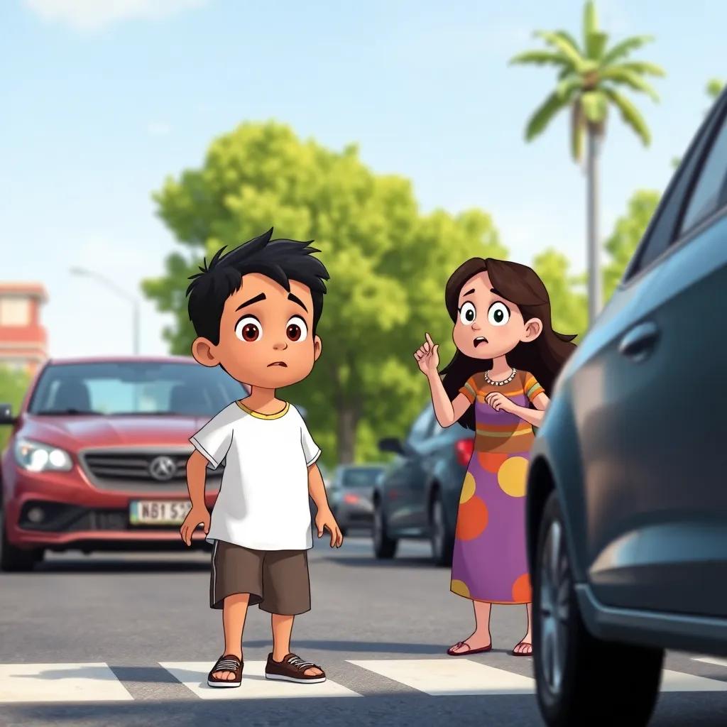 سالم, a young Arab boy aged 9, with short black hair in a t-shirt and shorts, looking surprised as he nearly steps into a busy street with cars, ليلى, a young Arab girl aged 9, with long dark hair in a colorful dress, shouting, warning him, busy street and trees in the background, illustration, serious expression, engaging scene, high quality