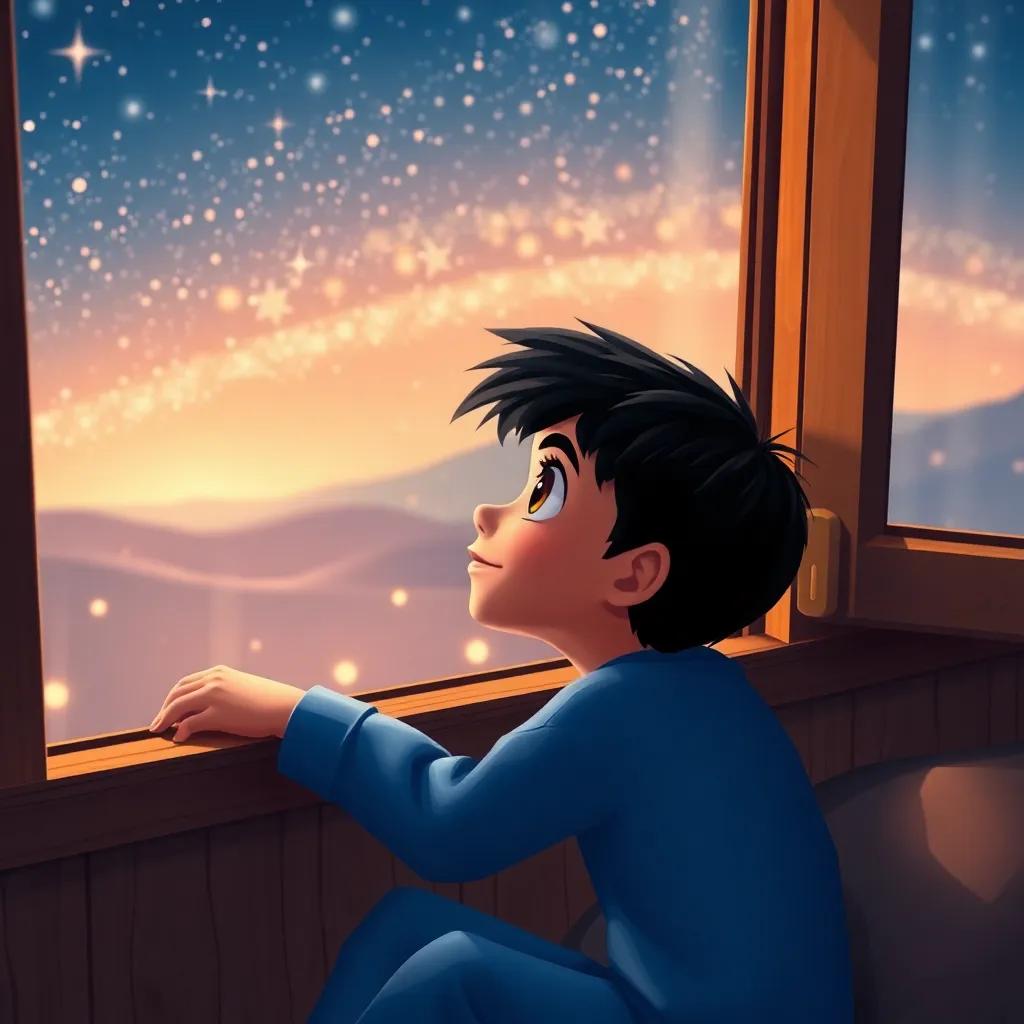 A young Arab boy, Salem, with short black hair, wearing a cozy blue pajamas, looking out of his window at a star-filled sky, with a twinkle in his eyes, digital art, warm colors, dreamy atmosphere, high quality