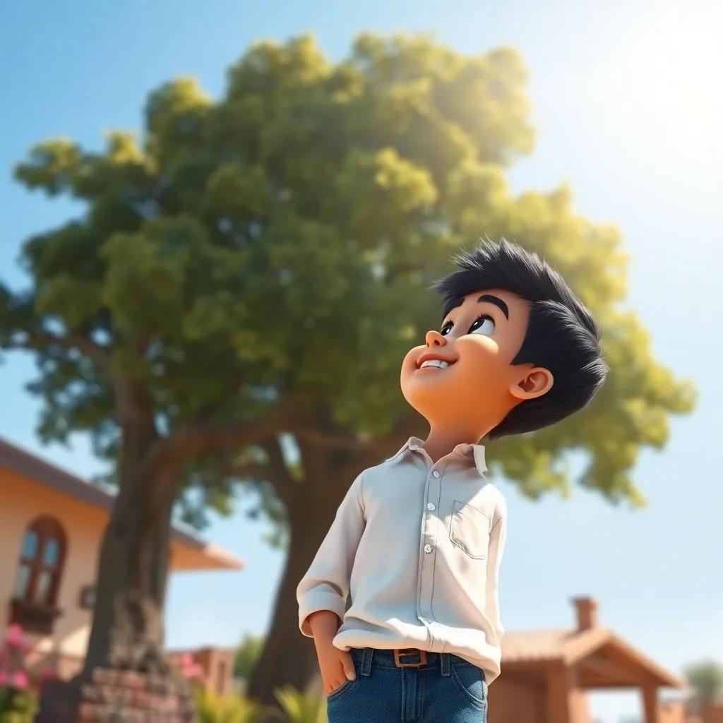 A young Arab boy, Salem, with short black hair, wearing a simple white shirt and jeans, smiling as he looks up at a big tree near his house, under a bright blue sky, digital art, warm colors, vibrant atmosphere, high quality