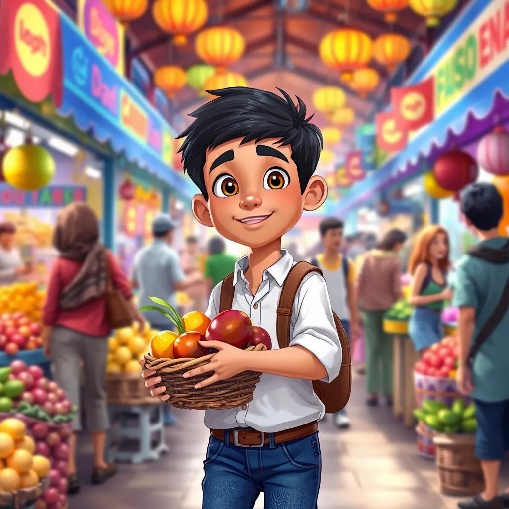 Salem, a young Arab boy with short black hair, wearing a white shirt and jeans, carrying a basket of fruits in a busy market, surrounded by colorful stalls and cheerful people, illustration, lively and bustling, bright light, child-friendly