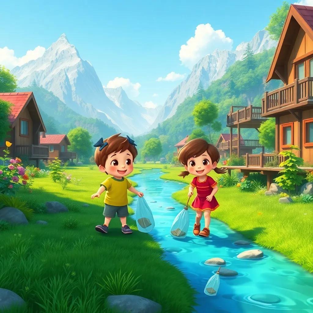 A beautiful green village, with mountains in the background and clear water streams, showing two kids happily collecting litter together, vibrant colors, cheerful atmosphere, digital art, high quality
