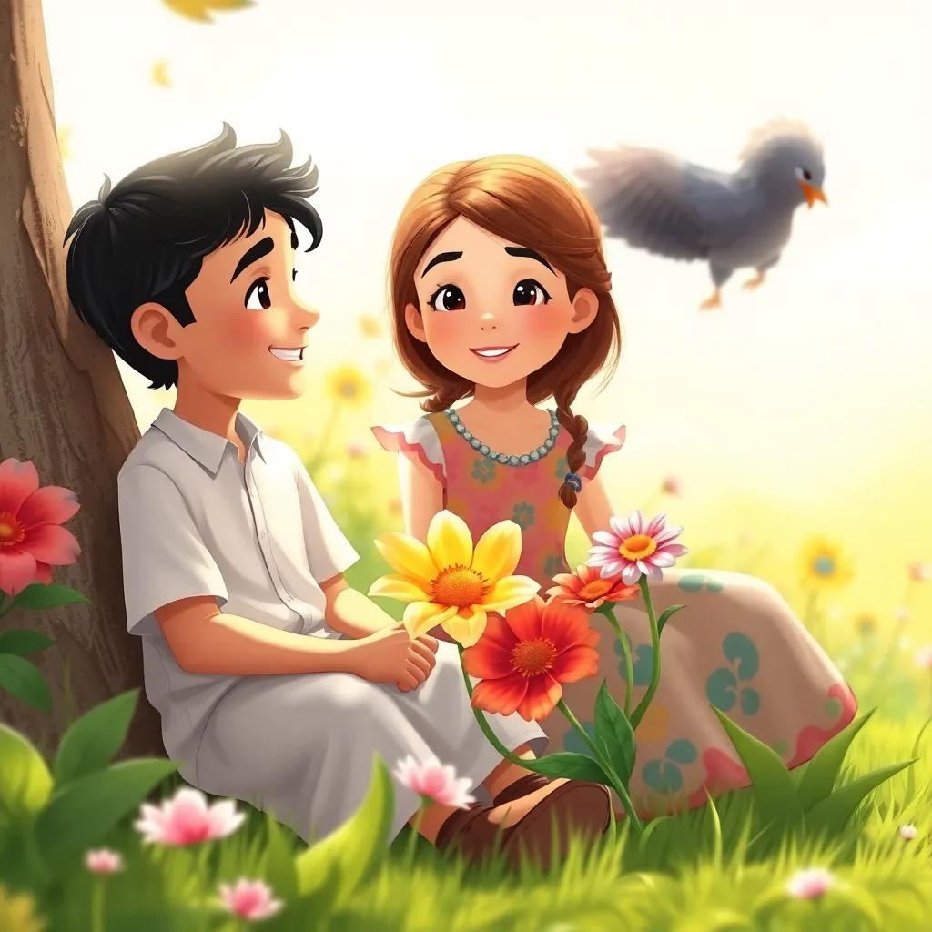 Sitting near a beautiful flower, the two siblings, سالم a young Arab boy with short black hair, wearing a light shirt, and نور a young Arab girl with long black hair, wearing a colorful dress, discussing about flowers, a sunny day, realistic illustration, joyful ambiance, high detail