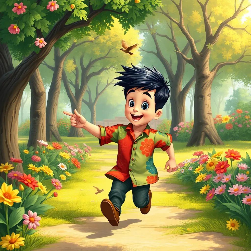 A young Arab boy, Saliita, with short black hair in a colorful shirt running excitedly in a lively park, surrounded by trees and colorful flowers, pointing at a small bird, happy ambiance, cheerful, child-friendly illustration