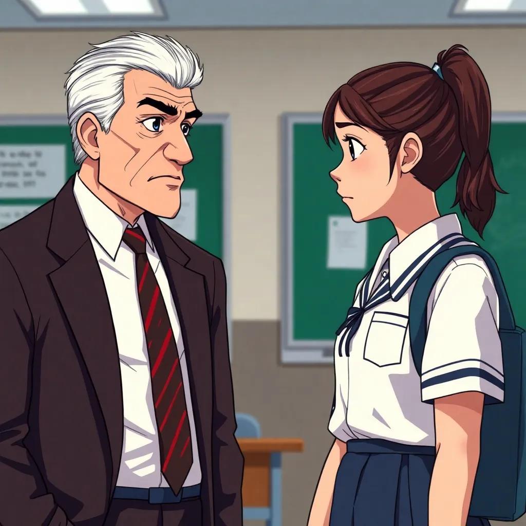 A school scene with a stern principal talking to a sad girl named Sally, the principal is dressed in formal attire, and Sally is in a school uniform, showing a serious yet empathetic atmosphere, digital art, bright colors, focused and clear, inspirational mood