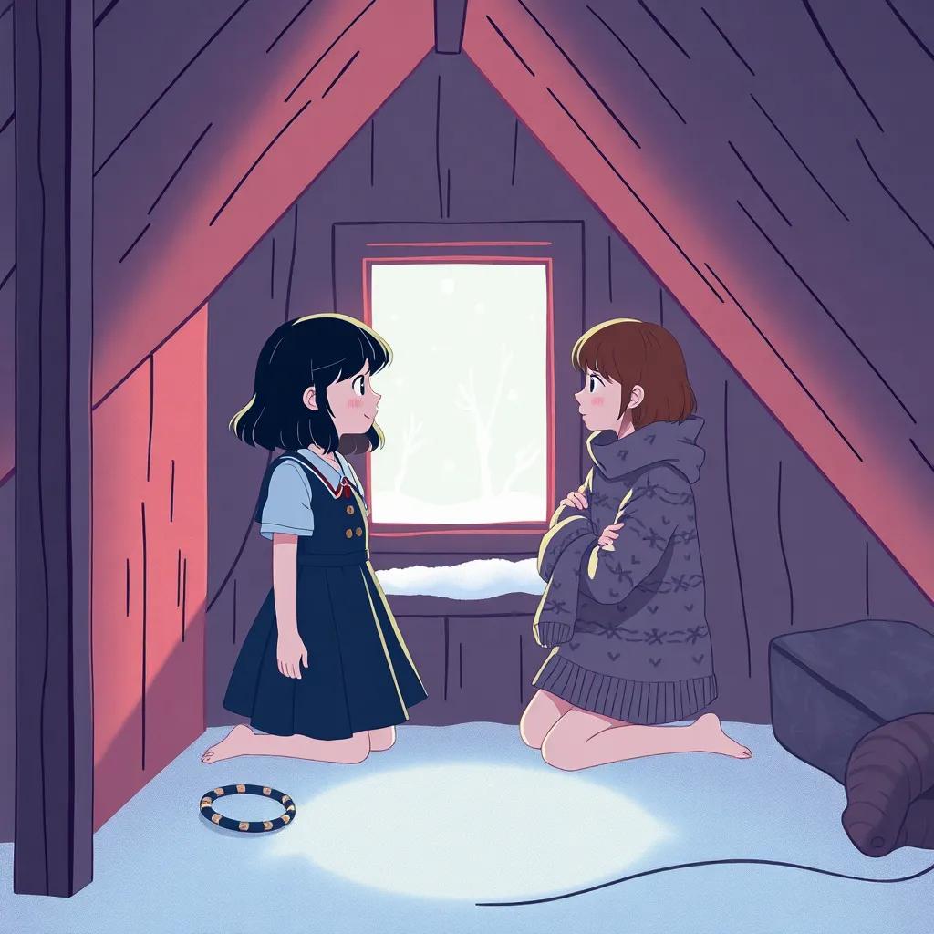 In a cold attic, two girls, Sally with dark hair and a school dress, and Becky wearing a cozy sweater, talk by a small window with snow outside, imaginative scene of warmth and friendship, illustration, soft colors, friendly vibe, comforting perspective