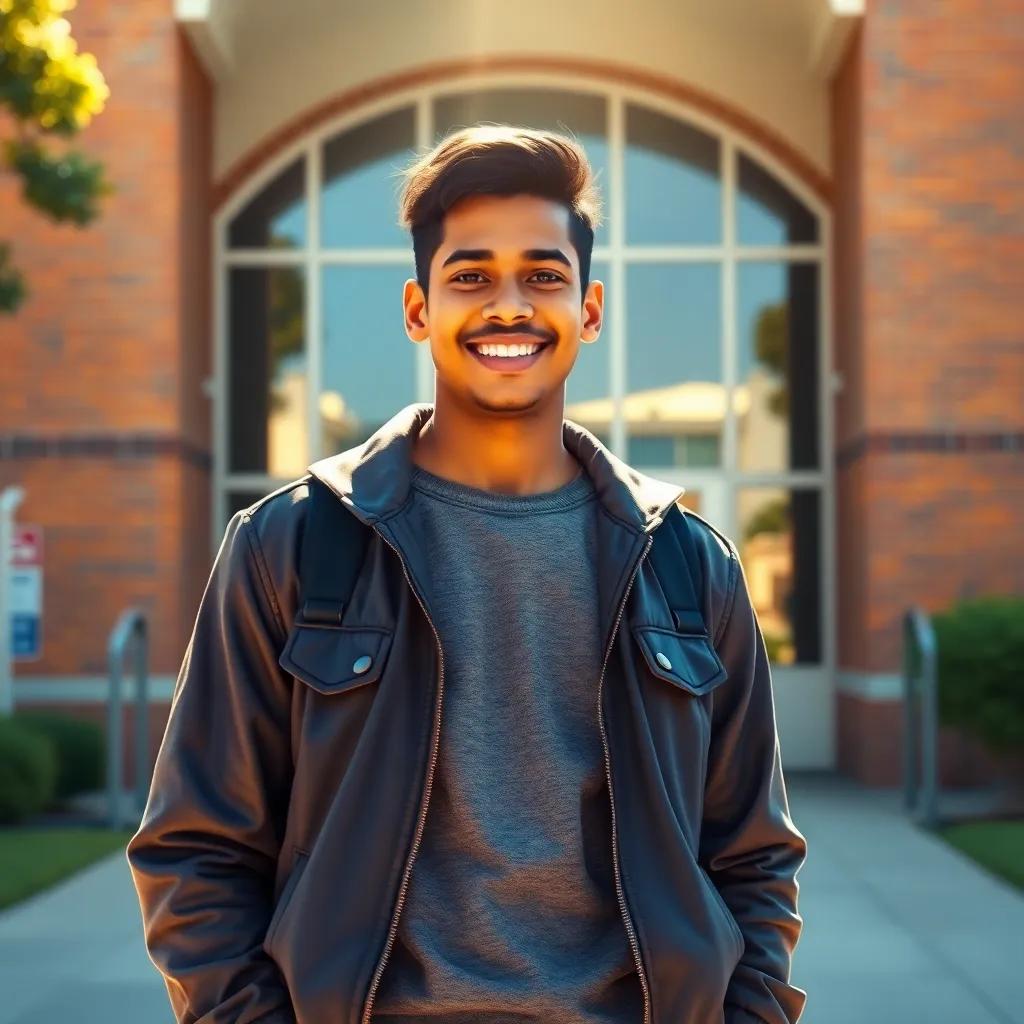 A tall, strong young man named Samah standing confidently in front of a school, with bright sunlight shining down, wearing a trendy outfit, smiling with an inviting expression, digital art, warm colors, friendly atmosphere, high quality
