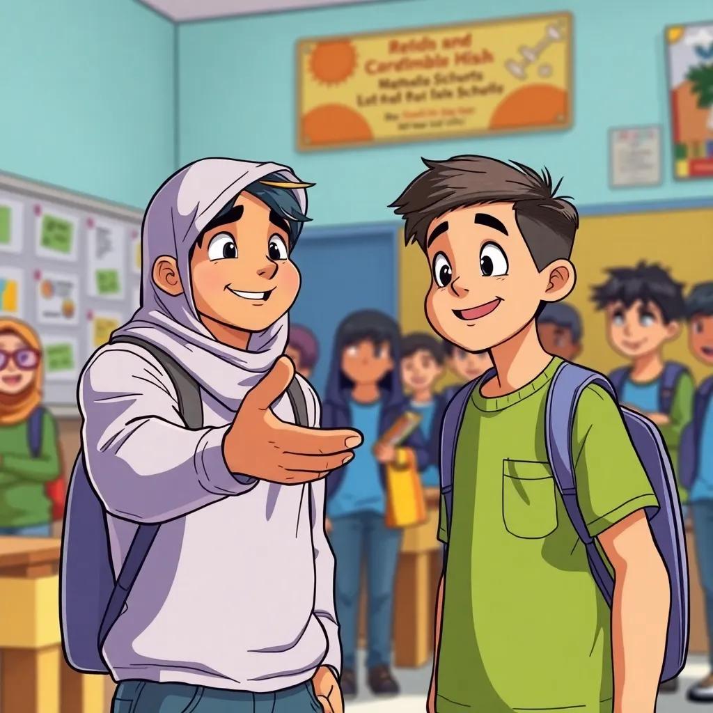 Samah, a strong young man, cheerfully extending his hand to greet Ahmad, who looks cautious and curious, with students observing in the background, showing a school environment and a collaborative spirit, illustration, colorful, positive vibe, friendly encounter