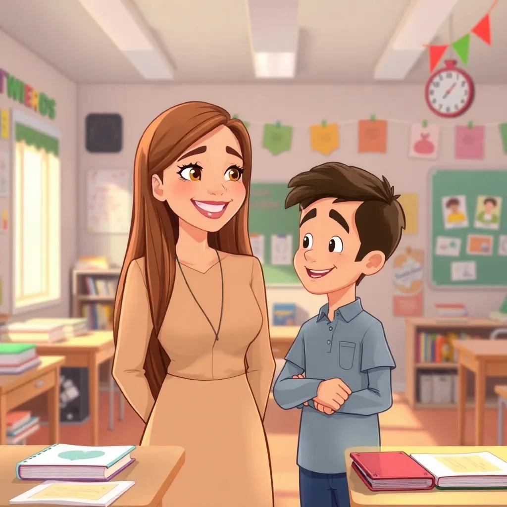 A happy teacher, Ms. Leila, with long straight hair wearing a beige dress, smiling at Samer in a classroom filled with books and colorful decorations, warm light, welcoming environment, illustration, cheerful setting