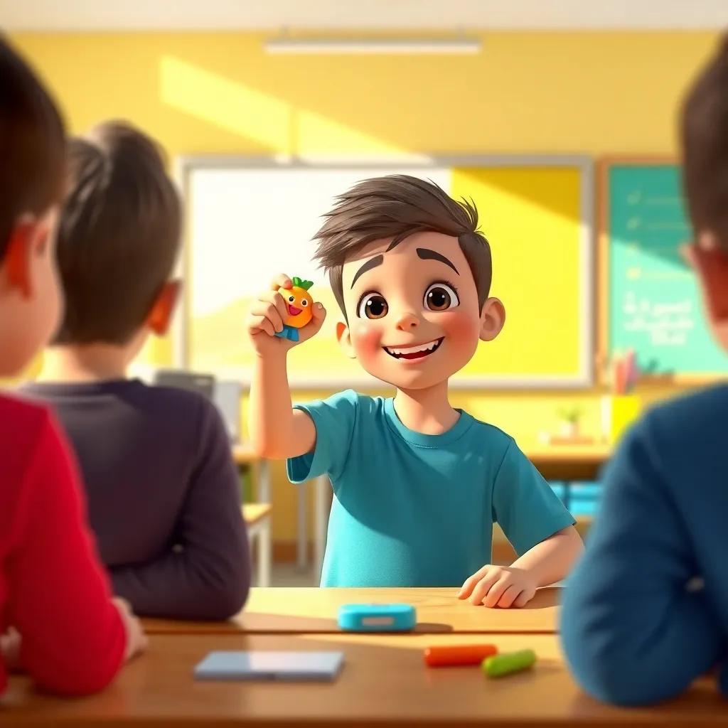 A sunny classroom with a young Arab boy, Samer, excitedly holding a toy, showing it to his friends, bright colors, happy atmosphere, digital art, child-friendly, vibrant, inviting