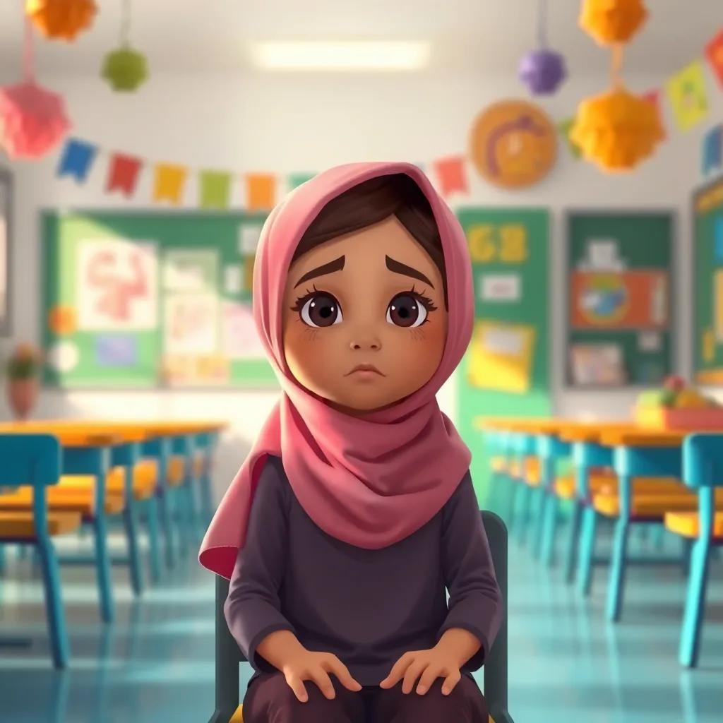 An Arab girl, Salwa, sitting alone looking sad, in a bright classroom with colorful decorations, soft light, warm colors, digital painting, emotional, engaging, child-friendly