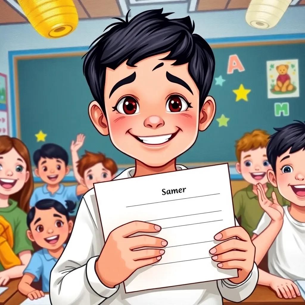 A young Arab boy, Samer, with short black hair in a classroom holding a report card with a big smile, surrounded by excited friends, colorful classroom decorations, illustration, cheerful, vibrant, adventure-themed