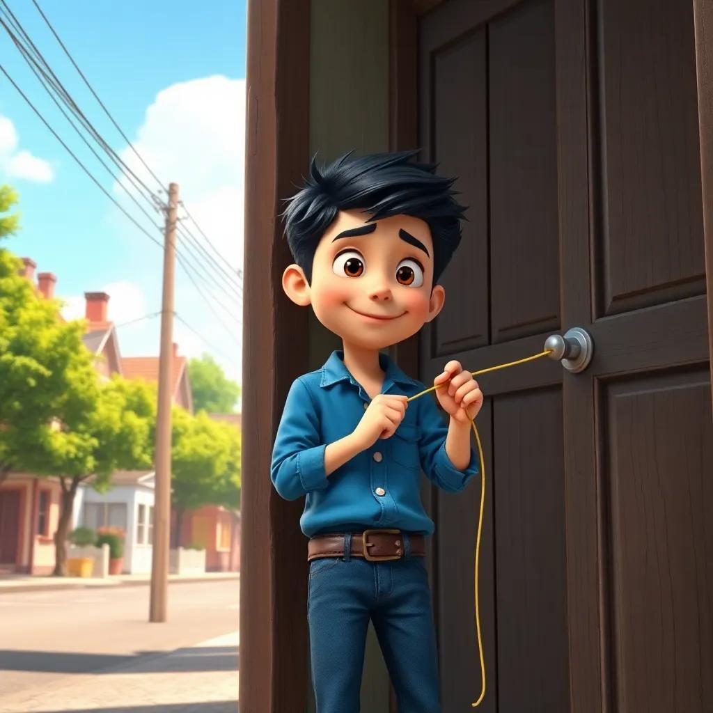 A mischievous boy named Sami, with short black hair and wearing a blue shirt and jeans, tying a string around an old door's handle, a sunny street filled with trees and houses, digital art, cheerful atmosphere, vibrant colors, detailed scene, high quality