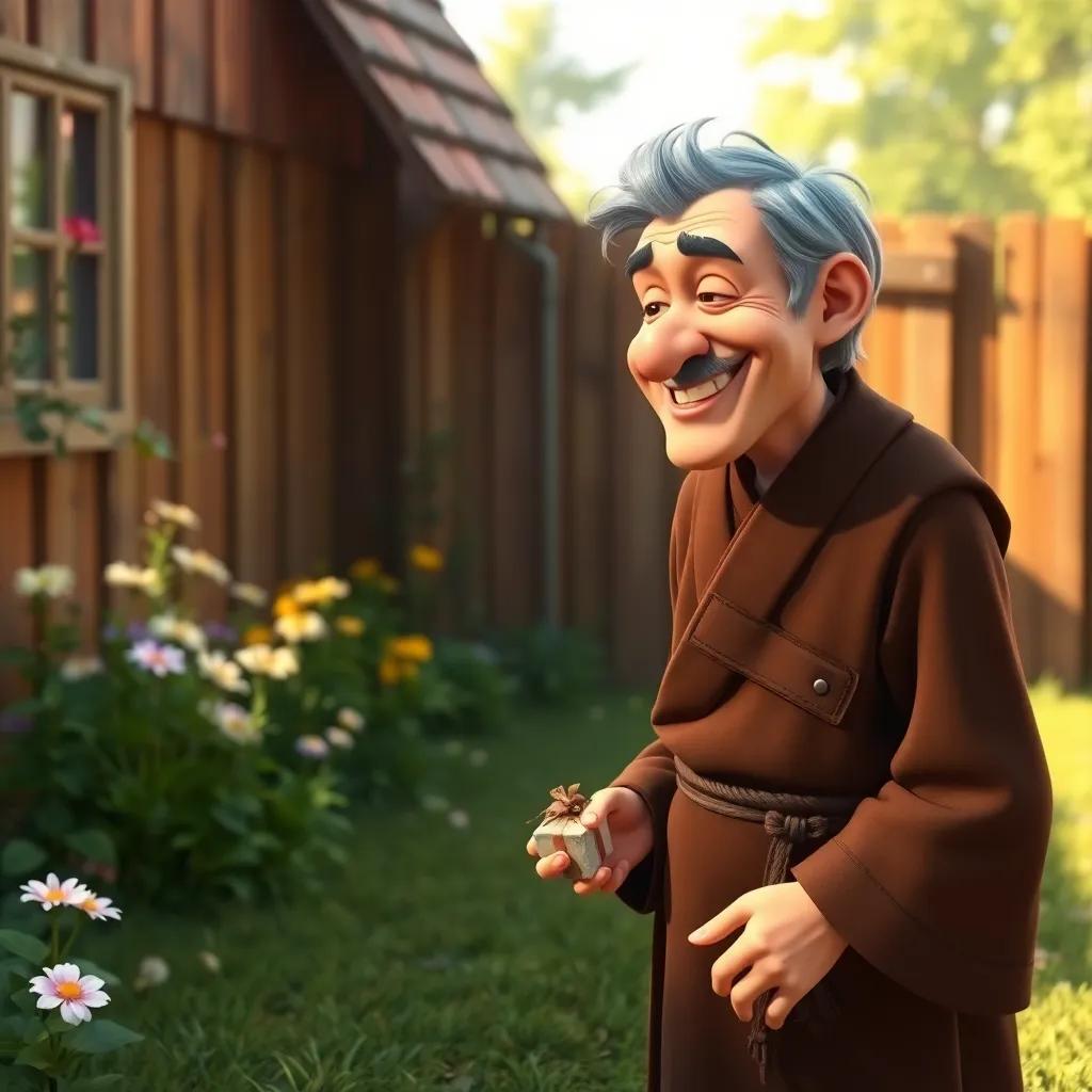 An old man, with gray hair and wearing a brown outfit, smiling at Sami as he steps forward with a small gift in hand, in a cozy yard with flowers and a wooden fence, soft light, warm colors, inviting environment, high quality