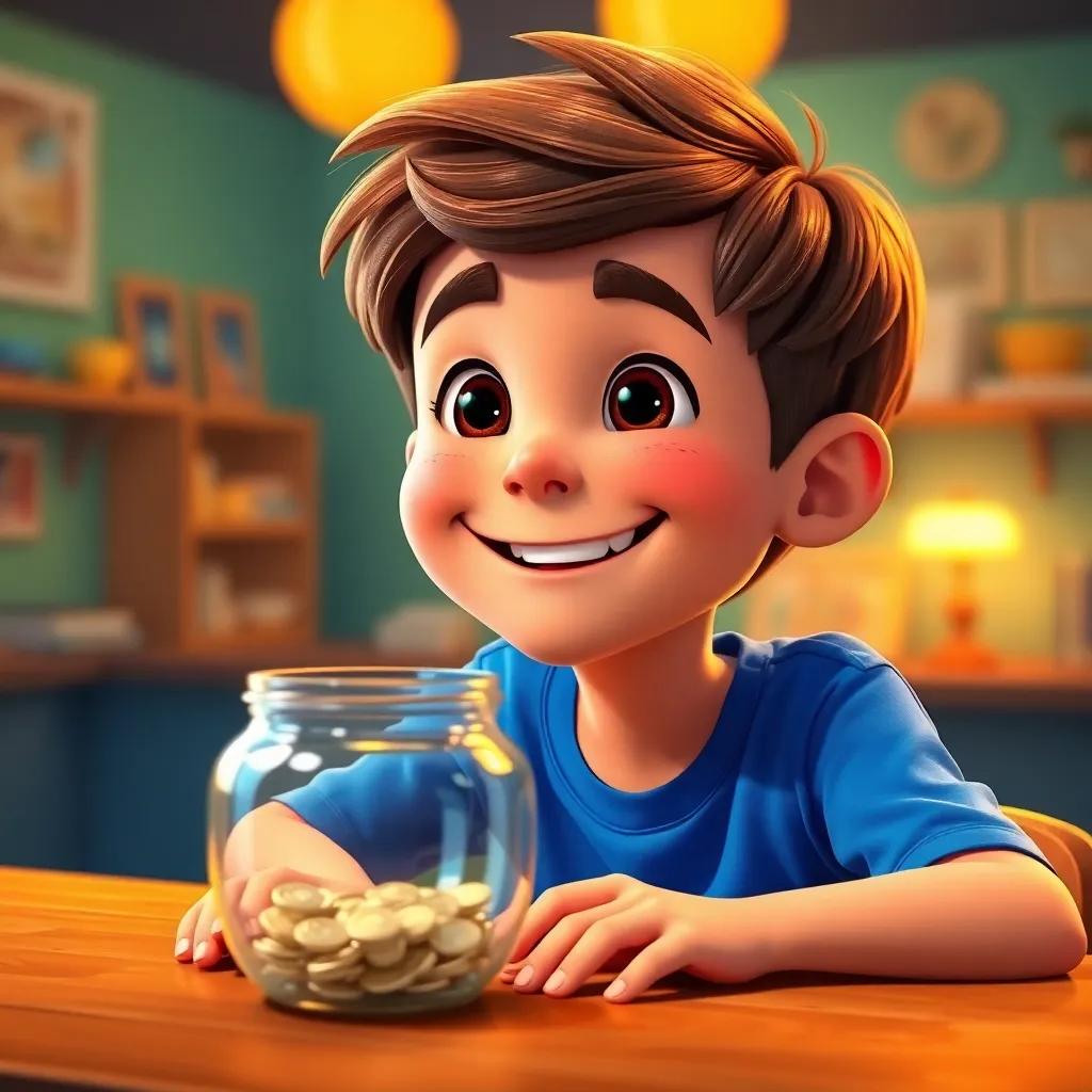 A cheerful boy named Sami, around 9 years old, with short brown hair and wearing a bright blue t-shirt, smiling while sitting at a table with a savings jar, colorful, warm light, playful atmosphere, high quality