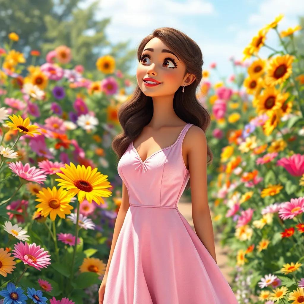 A sunny garden filled with colorful flowers, with a woman named Samia wearing a soft pink velvet dress, looking amazed at the beautiful blooms, bright and cheerful atmosphere, digital art, detailed, vibrant colors, high quality