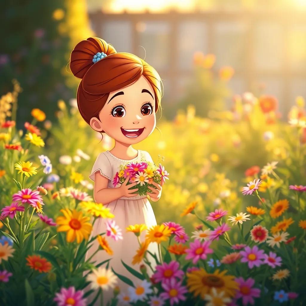 A young girl named Sara, with brown hair and wearing a light dress, excitedly picking flowers alongside her mother Samia in the garden, capturing the joy of creating a beautiful bouquet, warm sunlight, colorful flowers, cheerful vibe, illustration, child-friendly