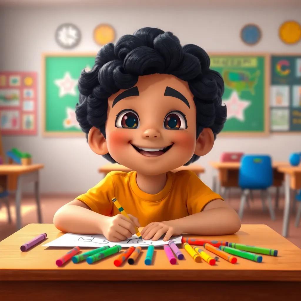 A cheerful young Arab boy, Sami, with curly black hair, wearing a bright t-shirt, sitting at a desk in a classroom, drawing happily with colorful crayons, his artwork displayed, digital art, vibrant colors, warm and inviting atmosphere