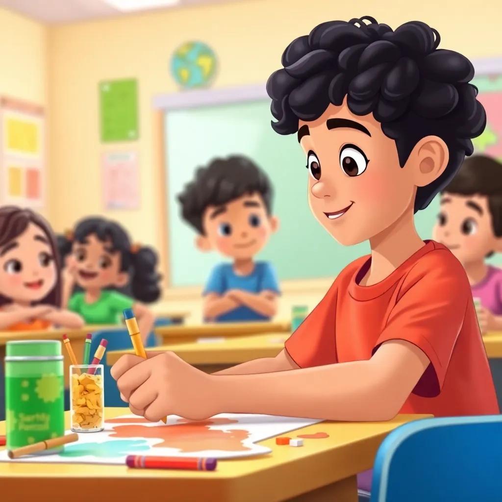 A young Arab boy, Sami, with curly black hair, wearing a bright t-shirt, focused on painting at his desk, with classmates looking at him with admiration, the classroom bright and colorful, illustration, cheerful, lively scene, child-friendly