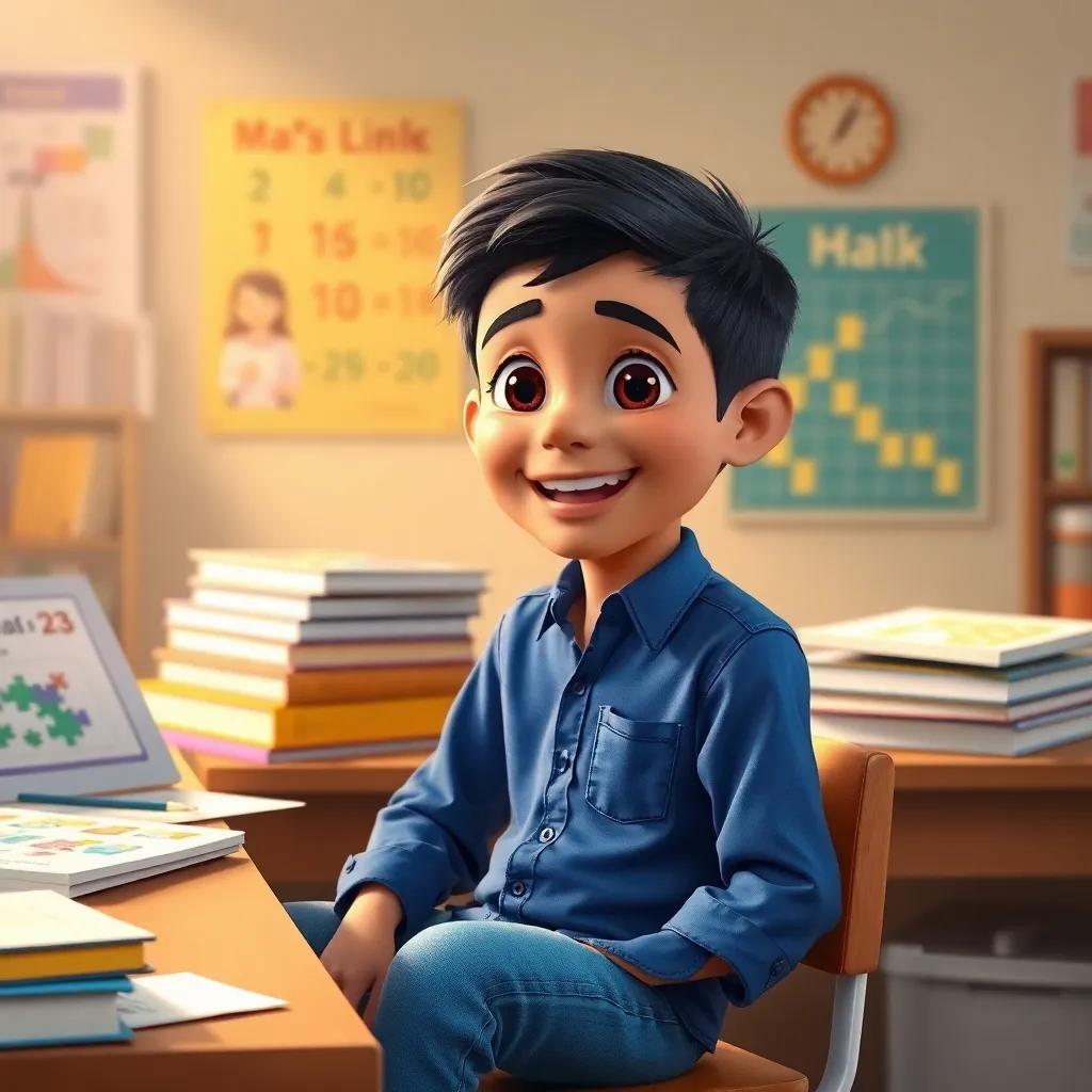 A young Arab boy, Sami, with short black hair, wearing a blue shirt and jeans, sitting at a desk filled with math books and puzzles, smiling and showing excitement, warm light, cheerful atmosphere, digital art, engaging and colorful, high quality