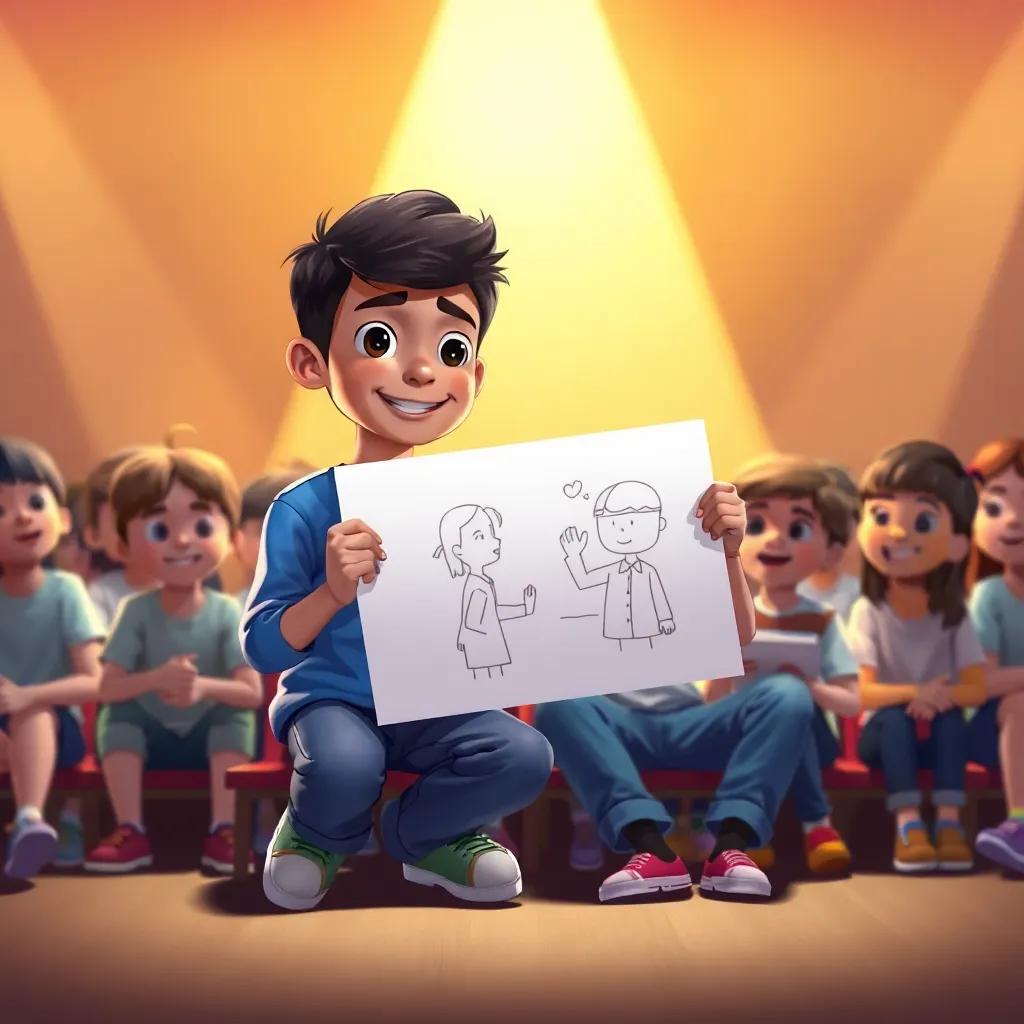 Sami, a young Arab boy with short black hair in a blue shirt and jeans, sitting on the stage with his friend Ahmad, surrounded by classmates, holding a large drawing, bright colors, spotlight shining on them, illustration, lively and inspiring, high quality