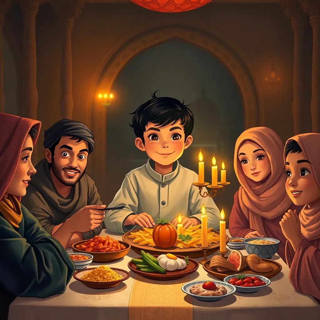 A young Arab boy, سامي, with short black hair, wearing a casual outfit, sitting at a table full of traditional Ramadan food with his family, warm candlelight, inviting ambiance, illustration, celebration and unity.
