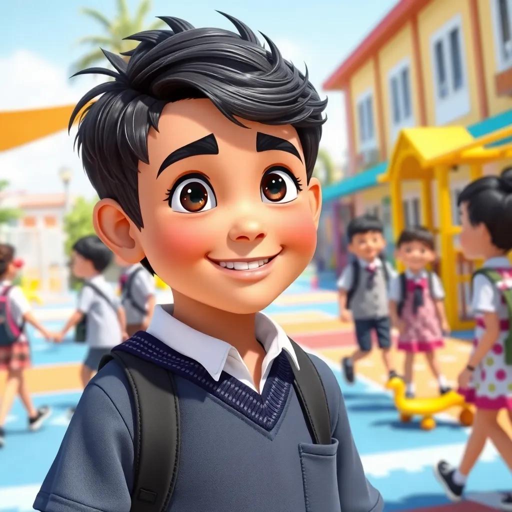 A young Arab boy, Sami, with black hair, wearing a school uniform, playing with friends in a bright schoolyard filled with colorful playground equipment, digital art, cheerful atmosphere, sunny day, vibrant colors, high quality