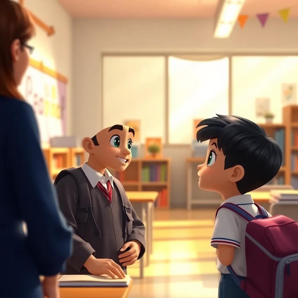 A young Arab boy, Sami, with black hair, wearing a school uniform, talking to a kind teacher in a bright classroom, with books and colorful decorations around, digital art, warm light, friendly atmosphere, high quality