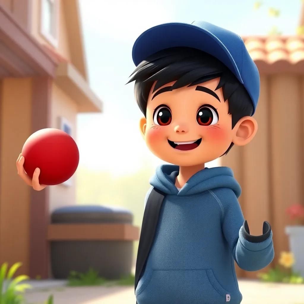A young boy, Sami, with short black hair, wearing a blue cap and holding a red ball, excitedly getting ready to go outside, bright morning light, cheerful atmosphere, digital art, vibrant colors, friendly