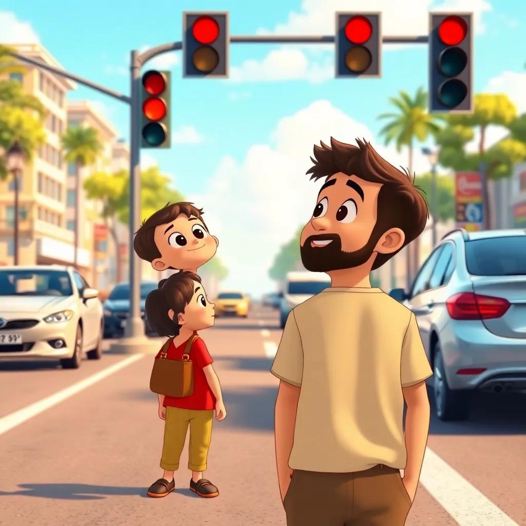Sami standing with his father at a busy road, looking up at a red traffic light, cars waiting in the background, sunny day, cartoon style, child-friendly, warm colors, playful perspective