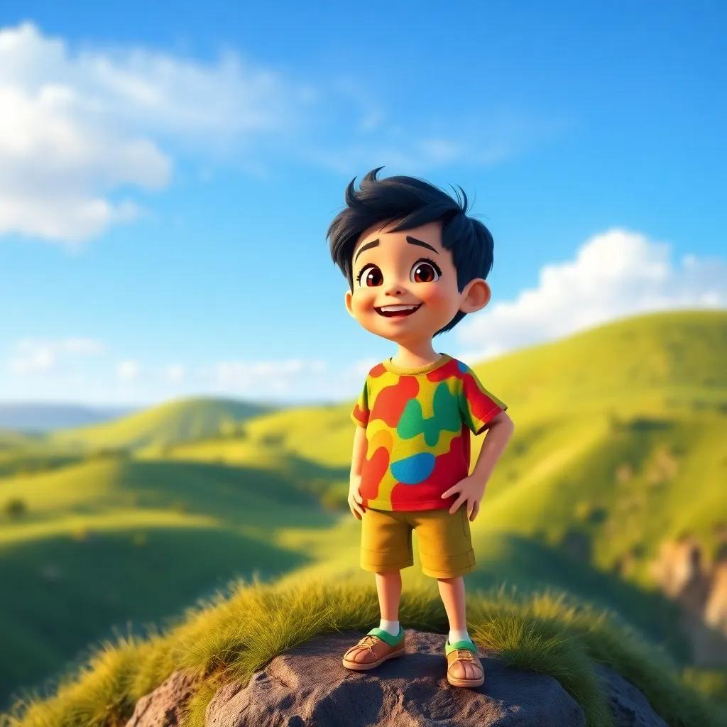 A young boy, Sami, with dark hair wearing a colorful shirt and shorts, standing on a tall hill with a bright blue sky and green landscape, joyful expression, exploration vibe, digital art, vibrant colors, warm lighting, inviting atmosphere, high quality