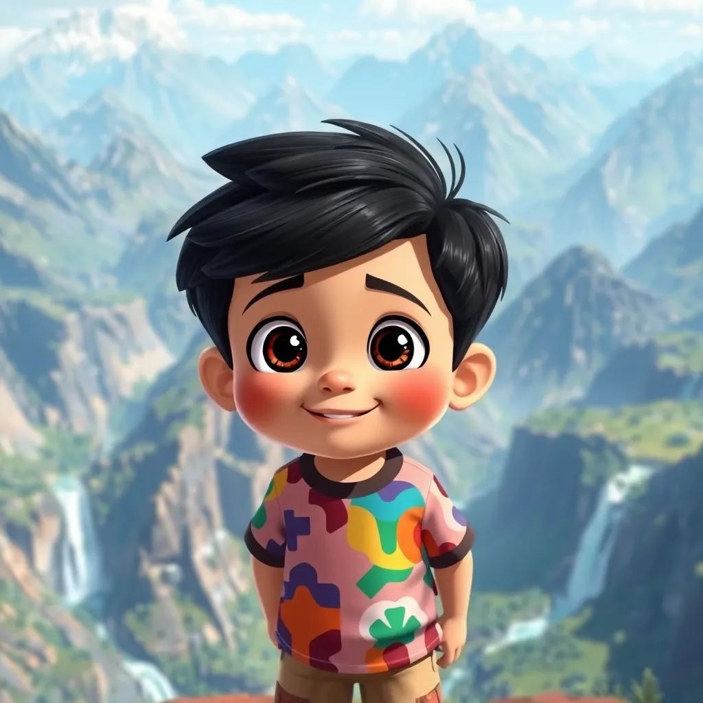 Sami, a young boy with dark hair, wearing a colorful shirt and shorts, overlooking a vast landscape filled with mountains and waterfalls, wonder in his eyes, child-friendly, illustration, cheerful, adventure-themed, bright colors