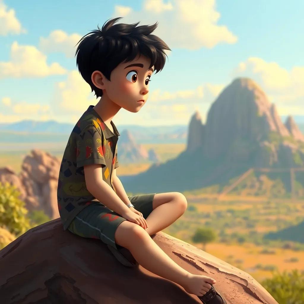Sami, a young boy with dark hair, wearing a colorful shirt and shorts, deep in thought while sitting on a rock, imagining how nature formed the landscape, peaceful scenery in the background, digital painting, imaginative, warm colors