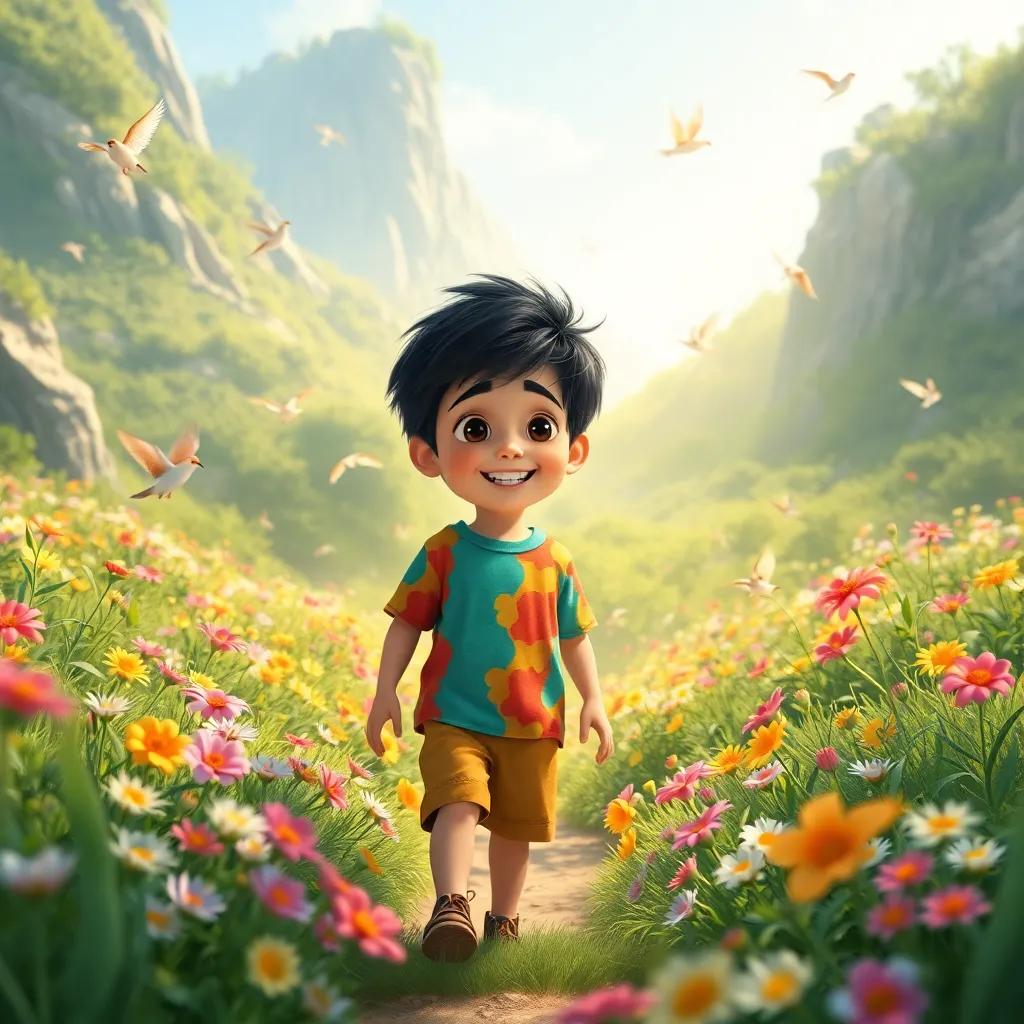 Sami, a young boy with dark hair, wearing a colorful shirt and shorts, exploring a valley full of flowers and singing birds, surrounded by greenery and sunlight, joyful atmosphere, colorful, high quality