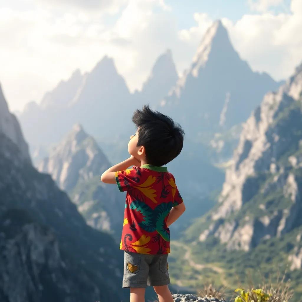 Sami, a young boy with dark hair, wearing a colorful shirt and shorts, gazing at the steep mountains with awe, feeling the wind blowing, child-friendly style, powerful scenery, adventure vibe